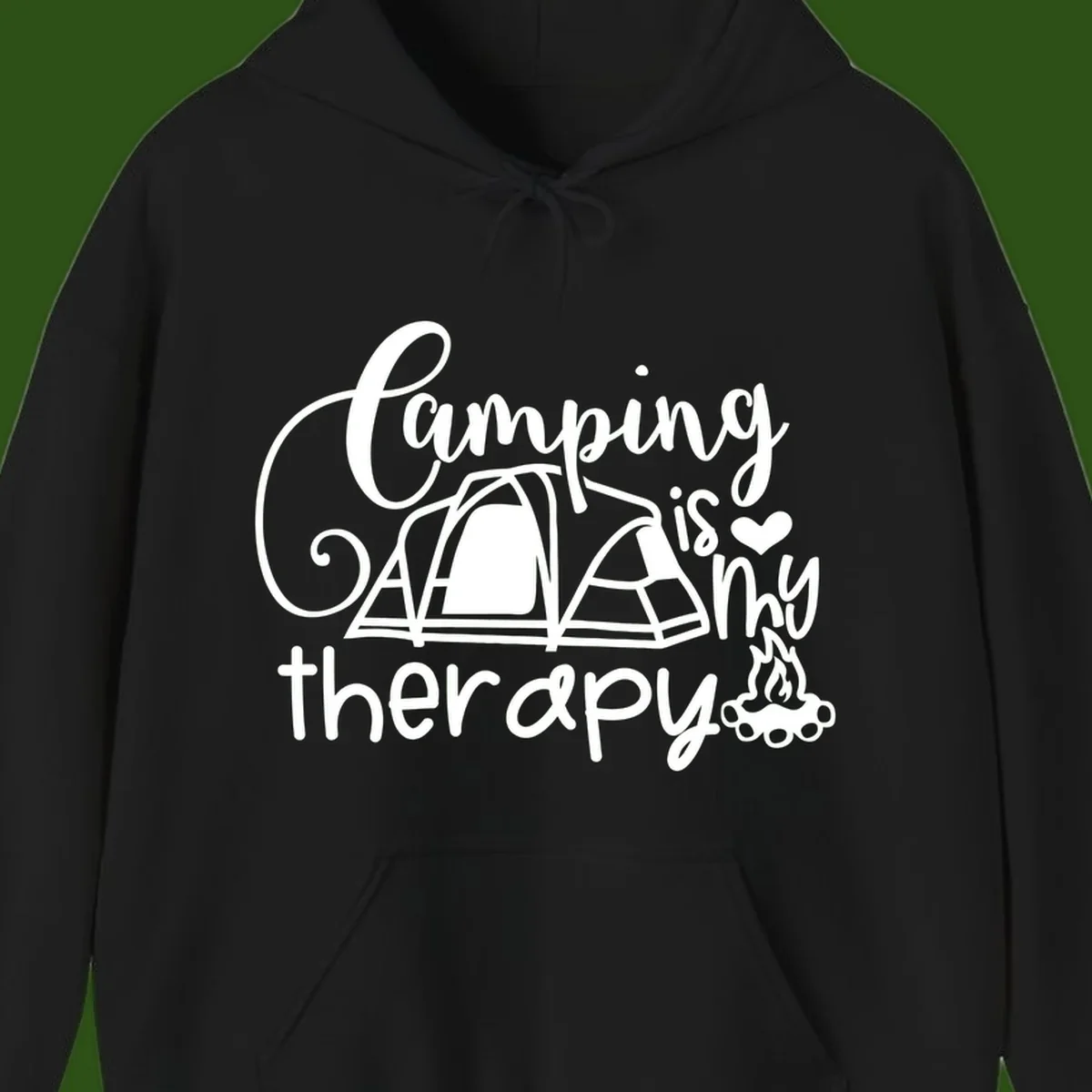 White lettered design reading 'Camping is Therapy' with heart symbol, tent, and campfire illustration on gray background