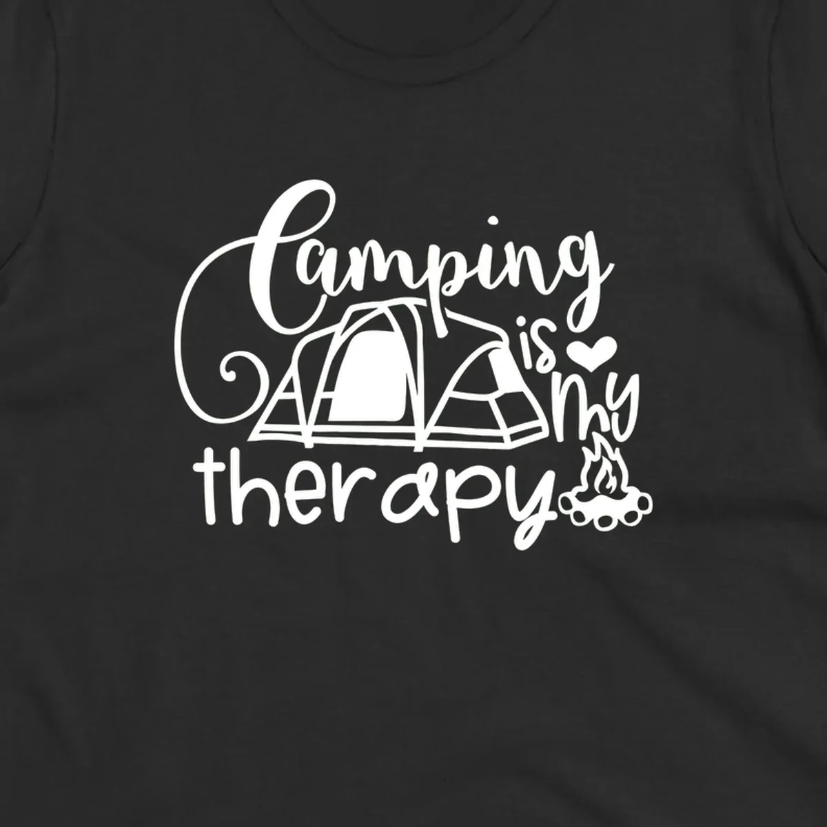 White lettered design reading 'Camping is Therapy' with heart symbol, tent, and campfire illustration on gray background