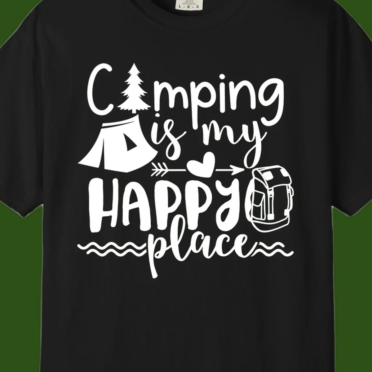 White illustrated camping design with text 'Camping is my happy place' featuring tent, pine tree, beer mug, and backpack on gray background