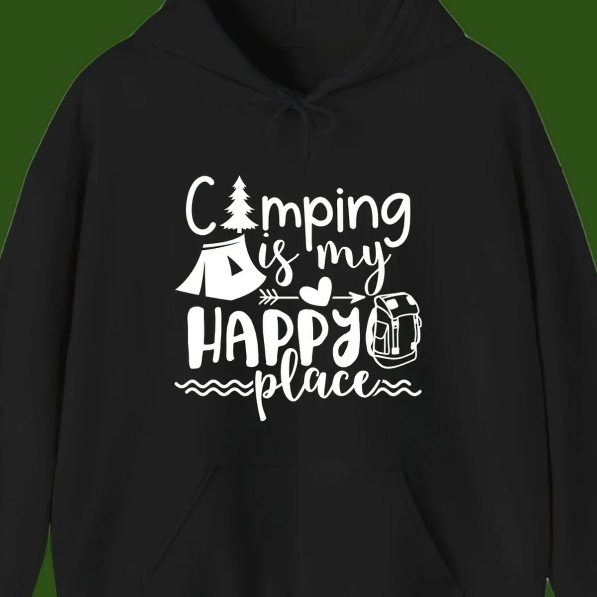 White illustrated camping design with text 'Camping is my happy place' featuring tent, pine tree, beer mug, and backpack on gray background