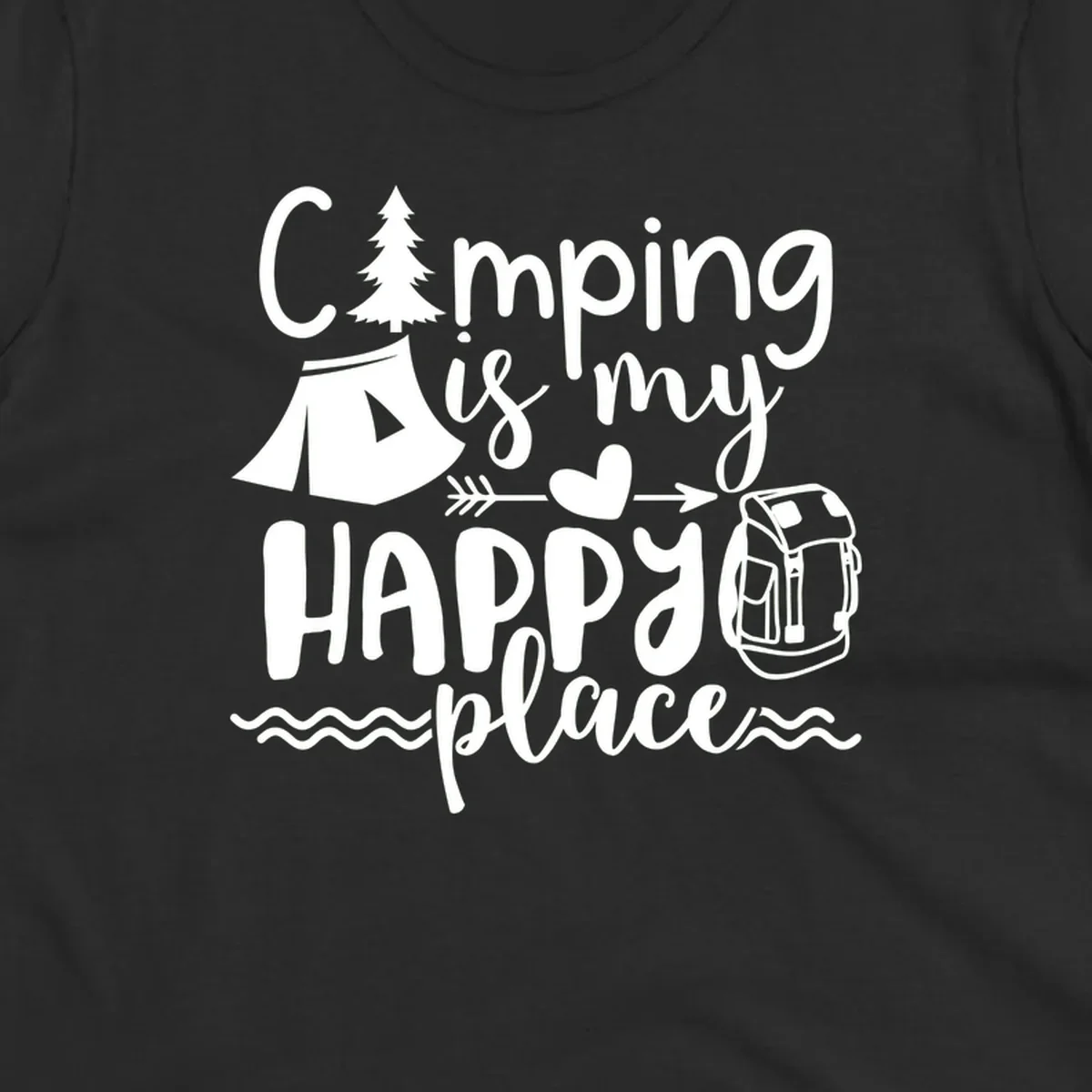 White illustrated camping design with text 'Camping is my happy place' featuring tent, pine tree, beer mug, and backpack on gray background