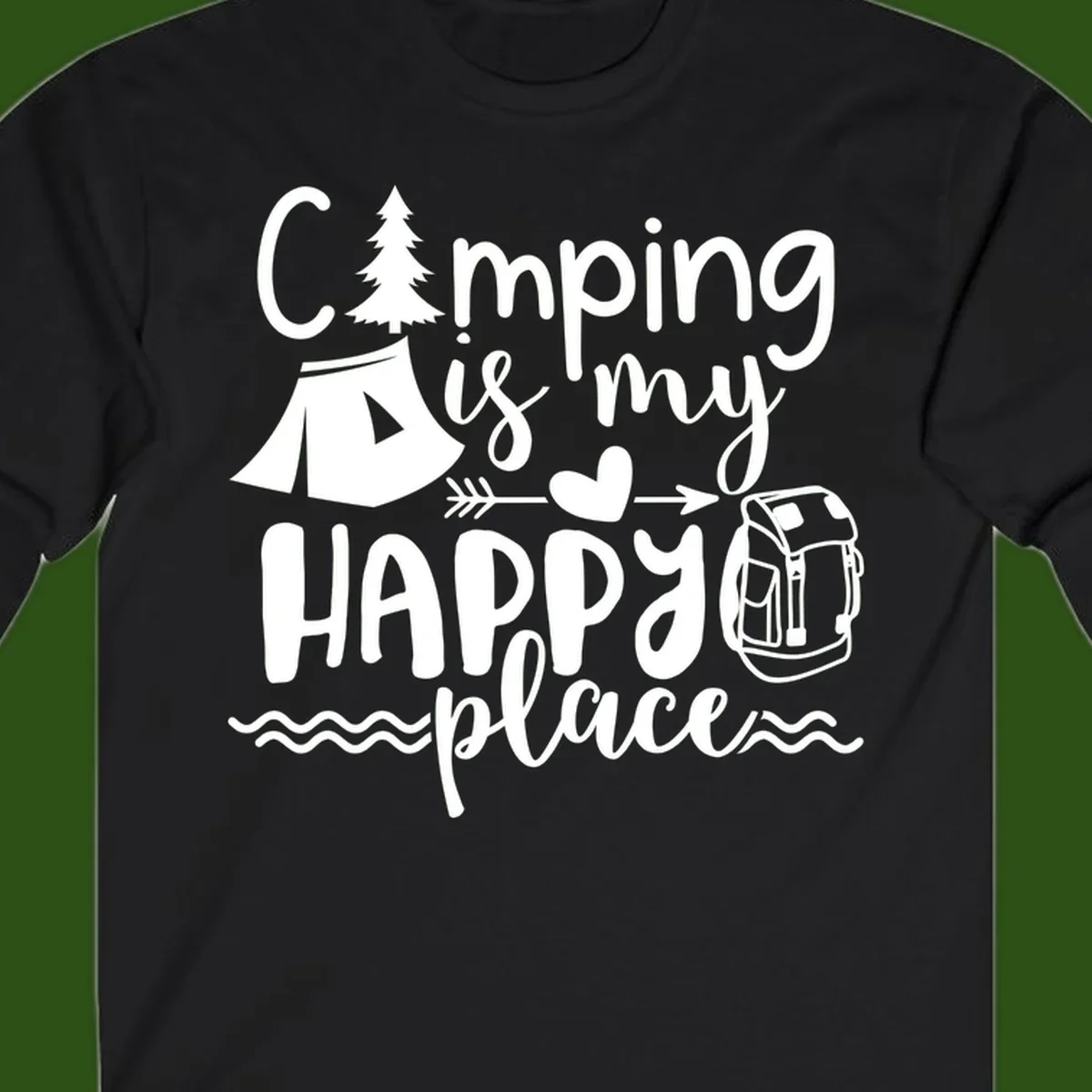 White illustrated camping design with text 'Camping is my happy place' featuring tent, pine tree, beer mug, and backpack on gray background