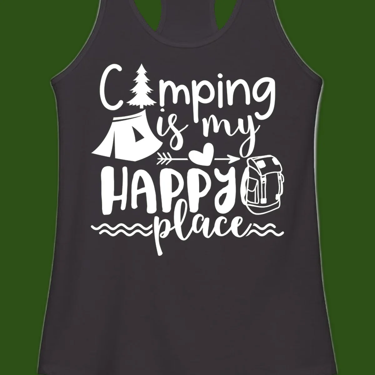 White illustrated camping design with text 'Camping is my happy place' featuring tent, pine tree, beer mug, and backpack on gray background