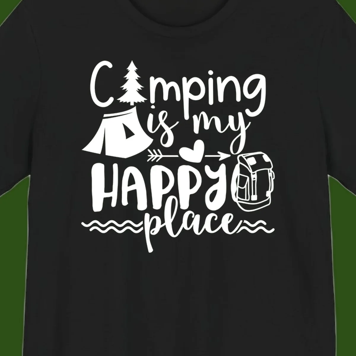 White illustrated camping design with text 'Camping is my happy place' featuring tent, pine tree, beer mug, and backpack on gray background
