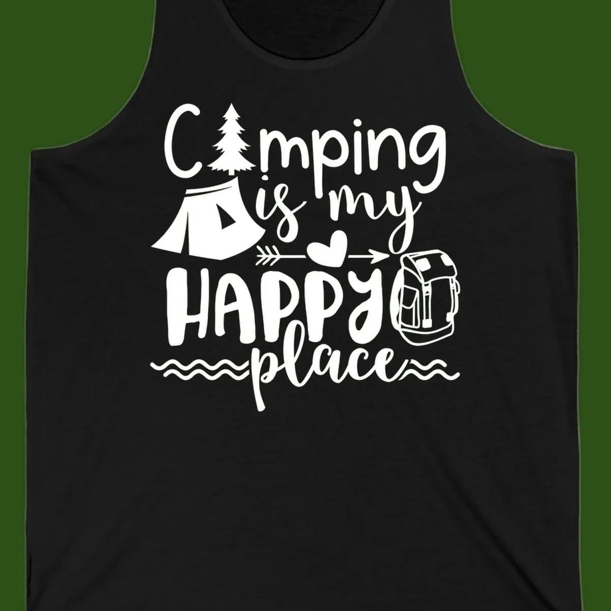 White illustrated camping design with text 'Camping is my happy place' featuring tent, pine tree, beer mug, and backpack on gray background