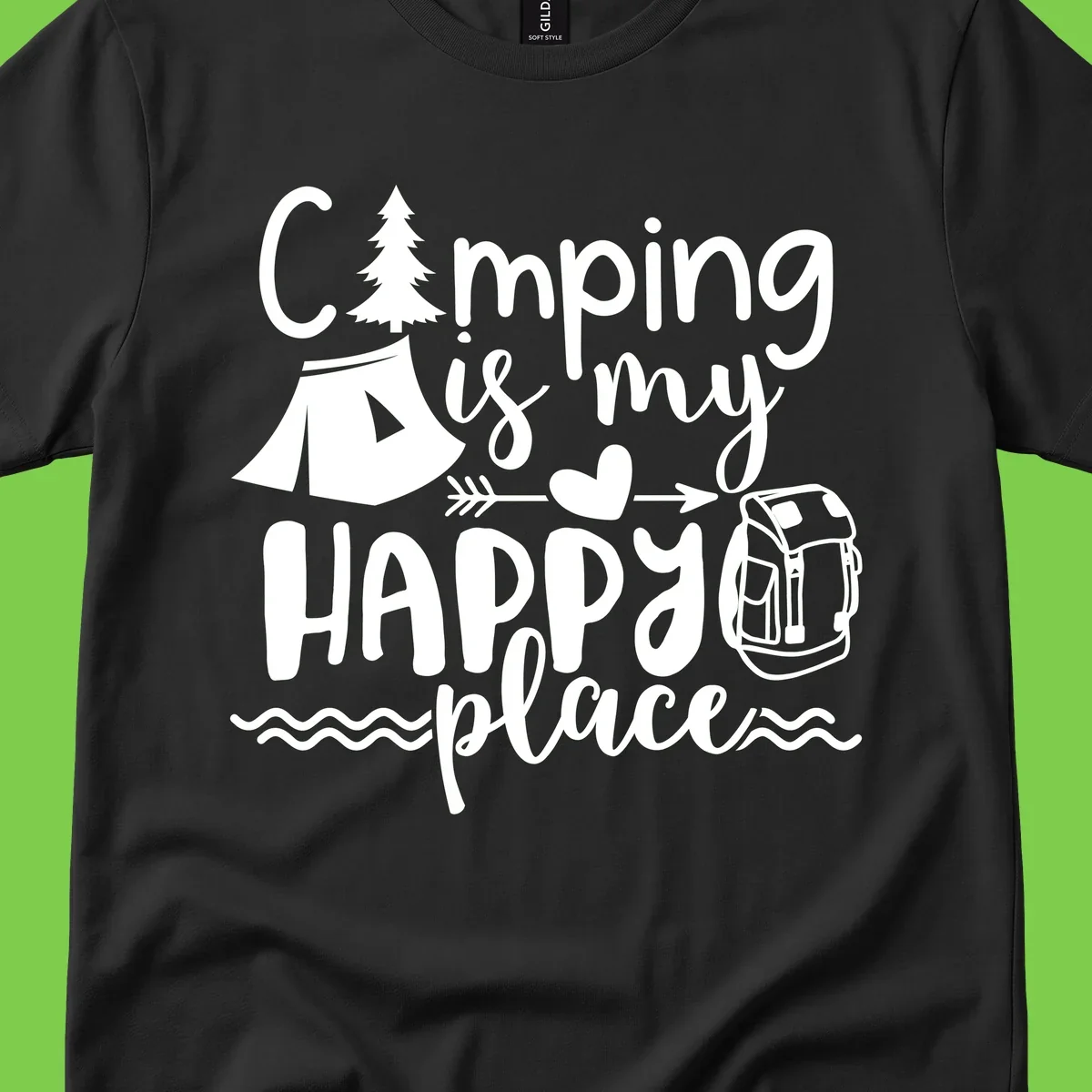 White illustrated camping design with text 'Camping is my happy place' featuring tent, pine tree, beer mug, and backpack on gray background