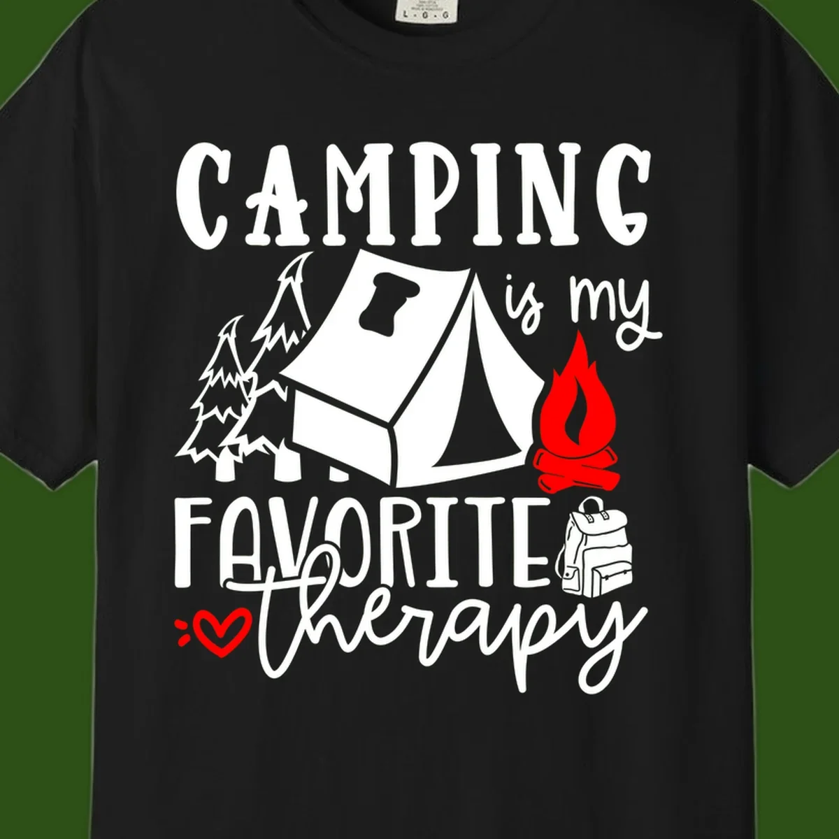 Illustration of tent, campfire, trees, and backpack with text reading 'Camping is my Favorite Therapy' on gray background