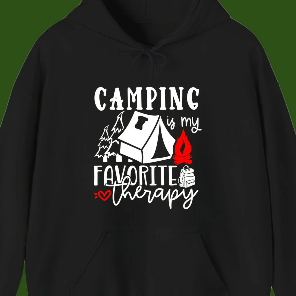 Illustration of tent, campfire, trees, and backpack with text reading 'Camping is my Favorite Therapy' on gray background