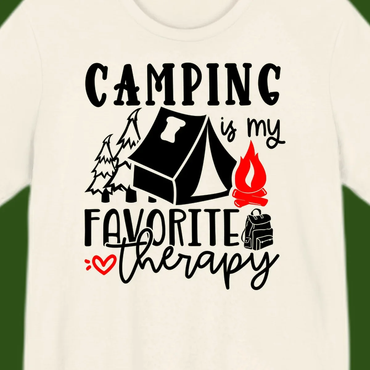 Illustration of tent, campfire, trees, and backpack with text reading 'Camping is my Favorite Therapy' on gray background