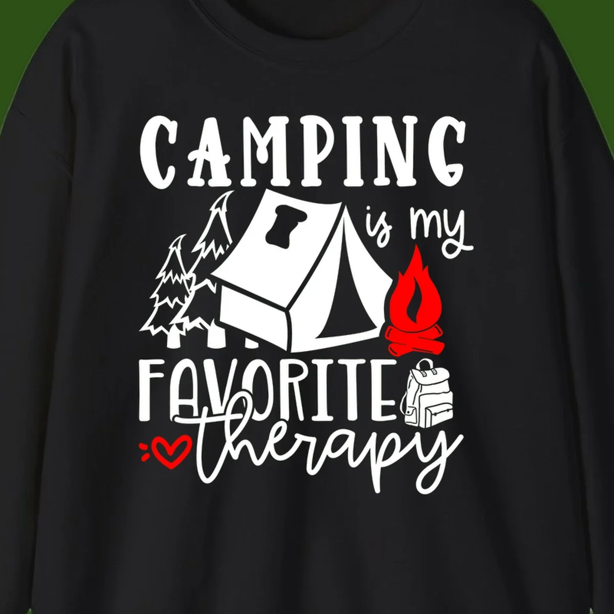 Illustration of tent, campfire, trees, and backpack with text reading 'Camping is my Favorite Therapy' on gray background