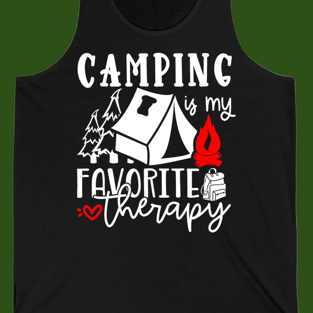 Illustration of tent, campfire, trees, and backpack with text reading 'Camping is my Favorite Therapy' on gray background