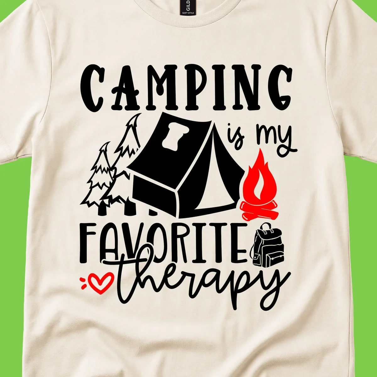 Illustration of tent, campfire, trees, and backpack with text reading 'Camping is my Favorite Therapy' on gray background