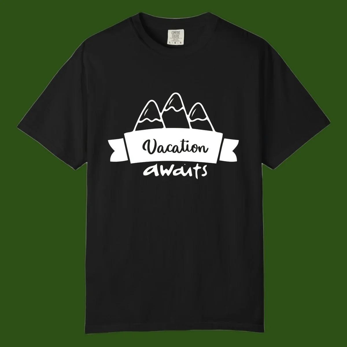 Vacation awaits mountains design featuring three snow-capped peaks with banner ribbon and elegant script text on gray background