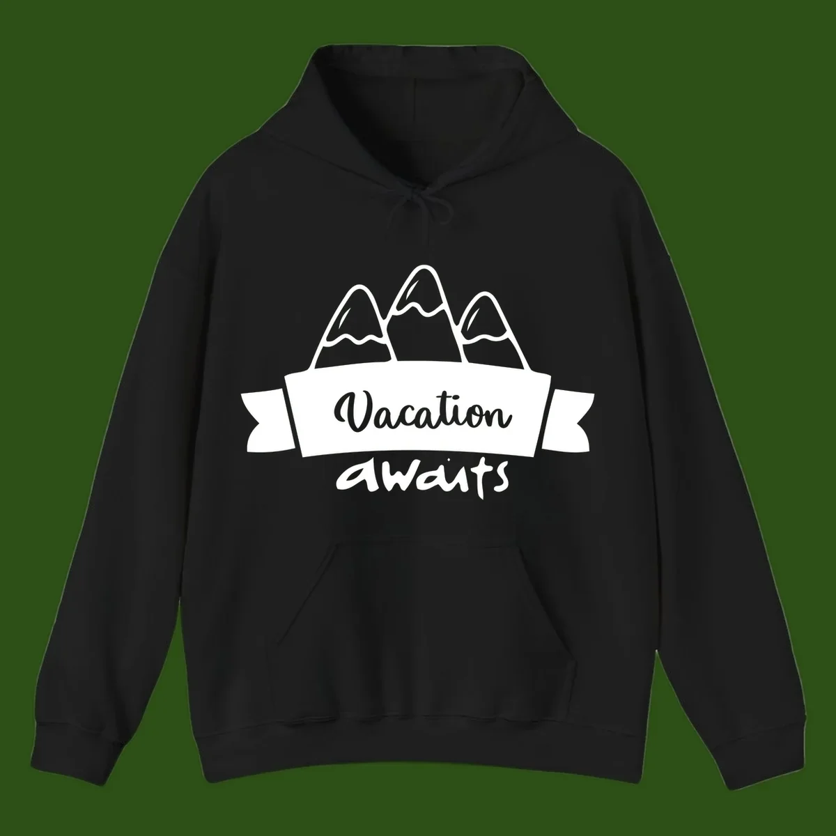 Vacation awaits mountains design featuring three snow-capped peaks with banner ribbon and elegant script text on gray background