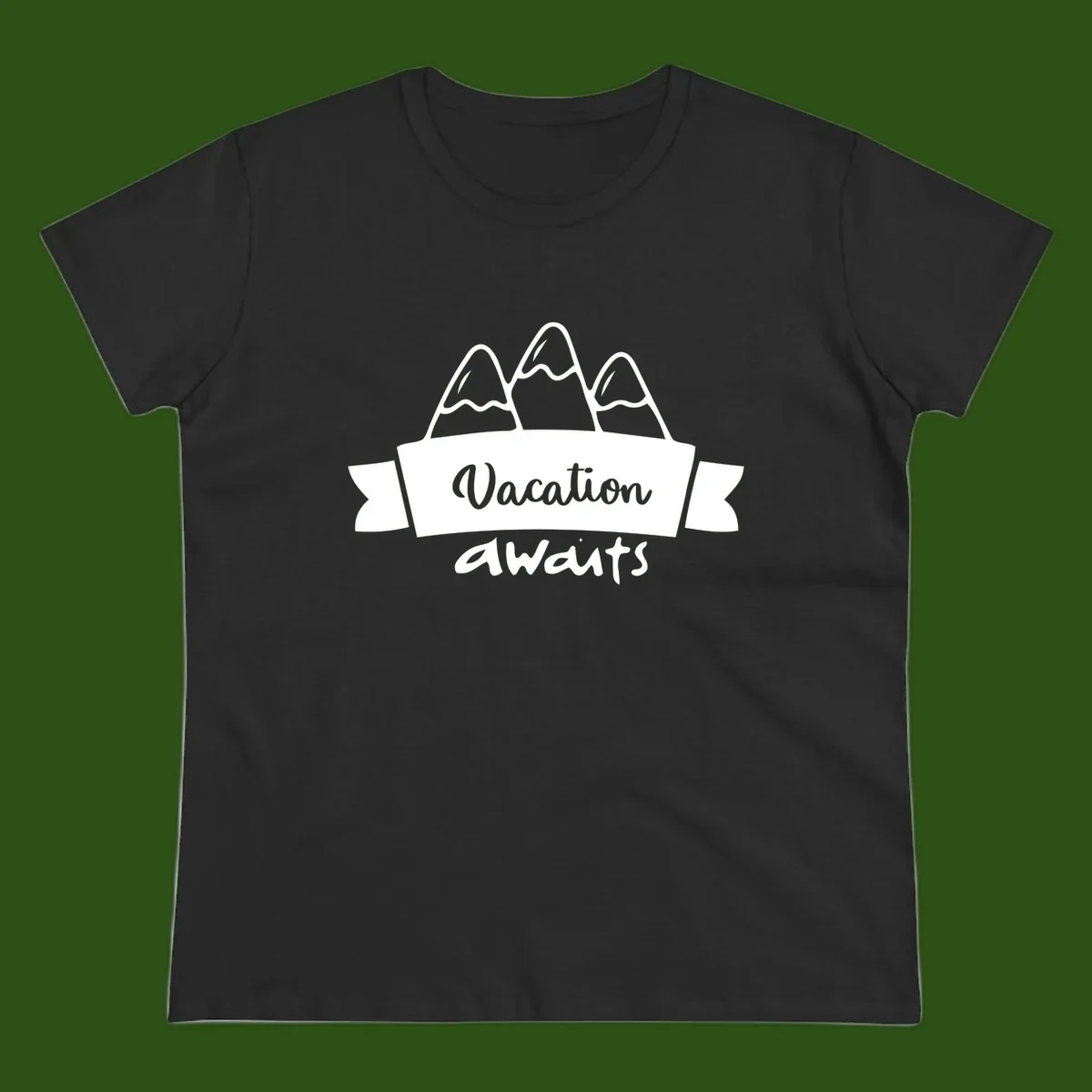 Vacation awaits mountains design featuring three snow-capped peaks with banner ribbon and elegant script text on gray background