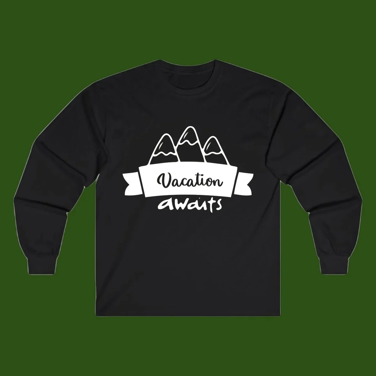 Vacation awaits mountains design featuring three snow-capped peaks with banner ribbon and elegant script text on gray background