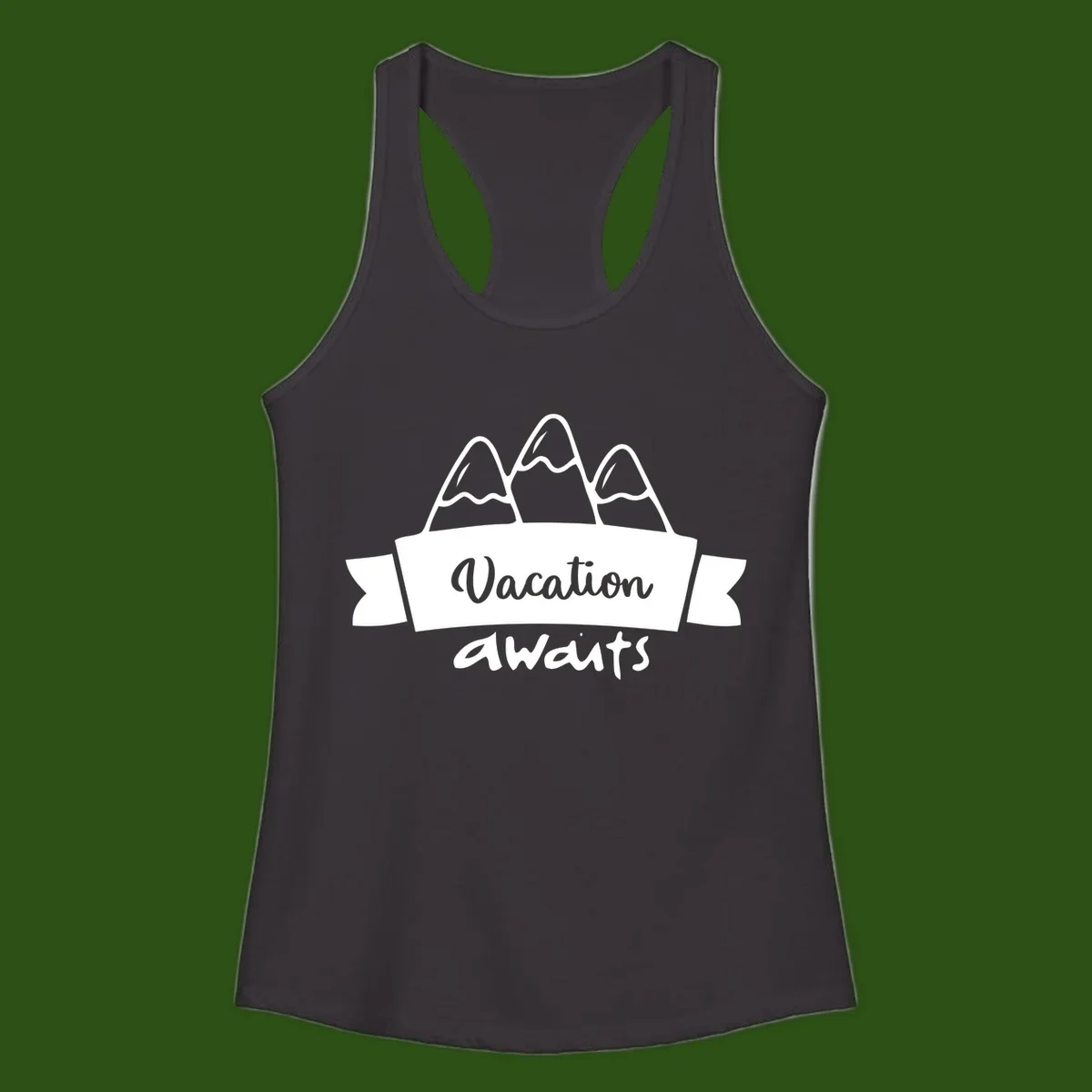 Vacation awaits mountains design featuring three snow-capped peaks with banner ribbon and elegant script text on gray background