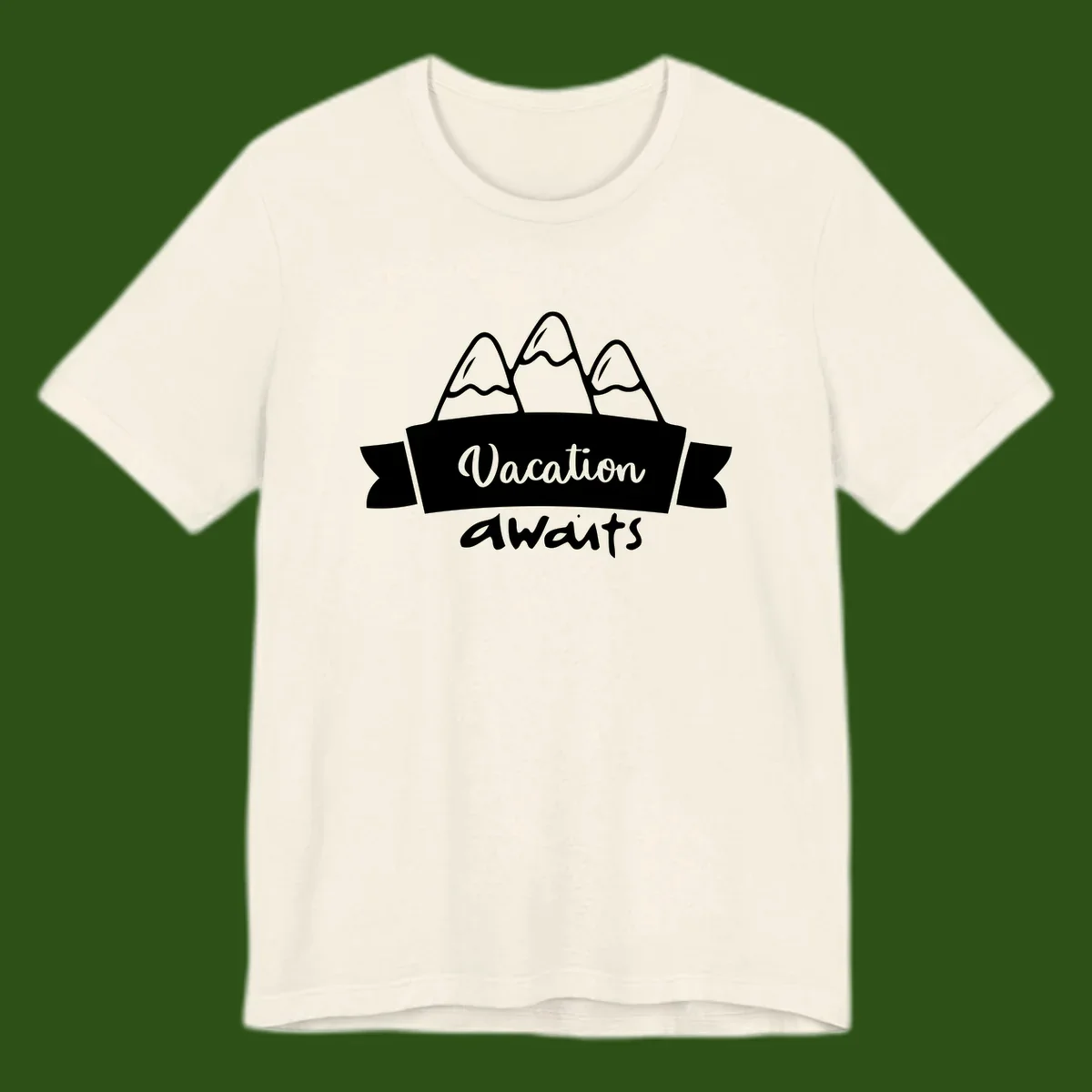 Vacation awaits mountains design featuring three snow-capped peaks with banner ribbon and elegant script text on gray background