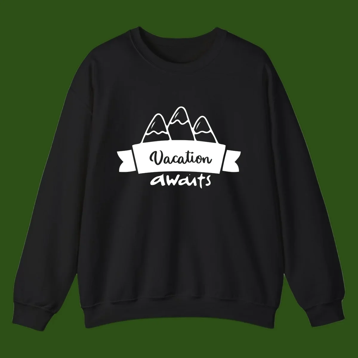 Vacation awaits mountains design featuring three snow-capped peaks with banner ribbon and elegant script text on gray background