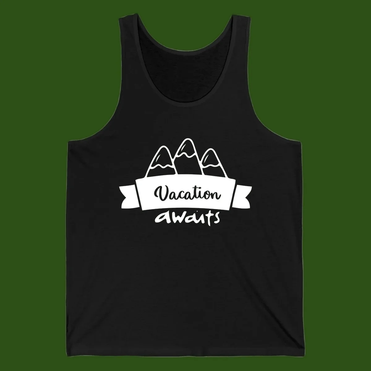 Vacation awaits mountains design featuring three snow-capped peaks with banner ribbon and elegant script text on gray background