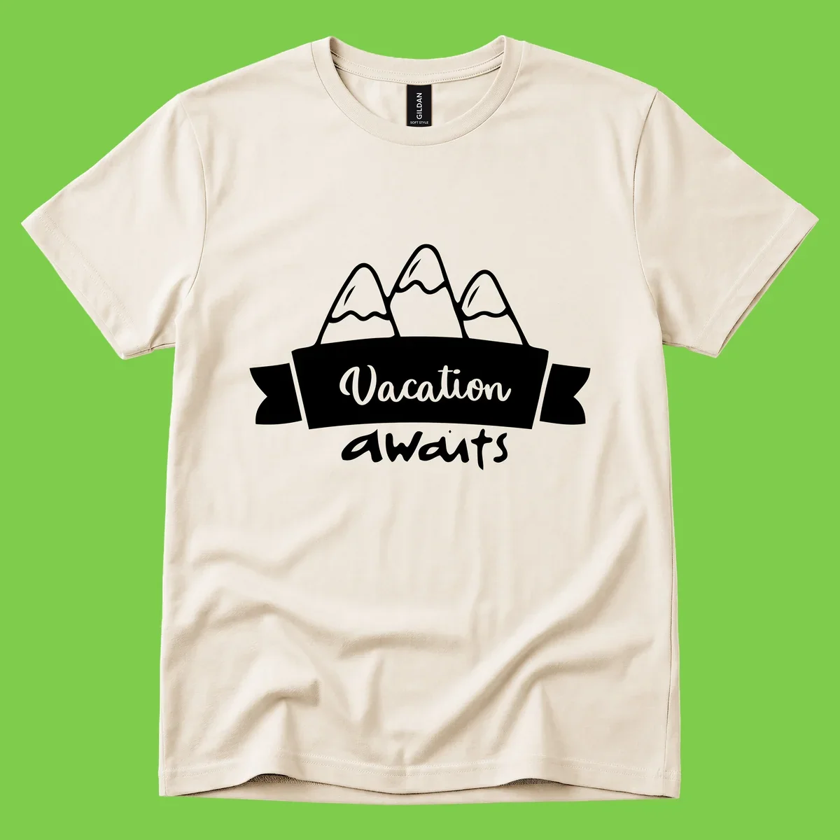 Vacation awaits mountains design featuring three snow-capped peaks with banner ribbon and elegant script text on gray background