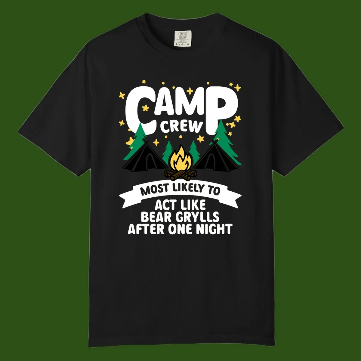 Bear Grylls camp crew design with campfire, tents, and stars—humorous camping shirt for group trips
