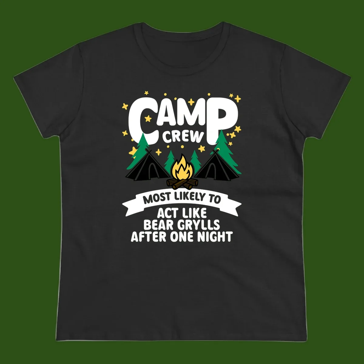 Bear Grylls camp crew design with campfire, tents, and stars—humorous camping shirt for group trips