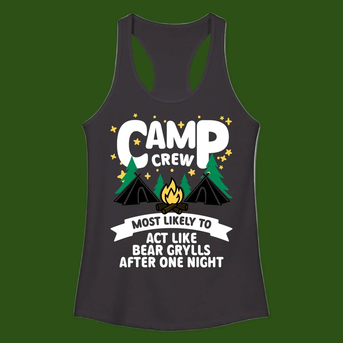 Bear Grylls camp crew design with campfire, tents, and stars—humorous camping shirt for group trips