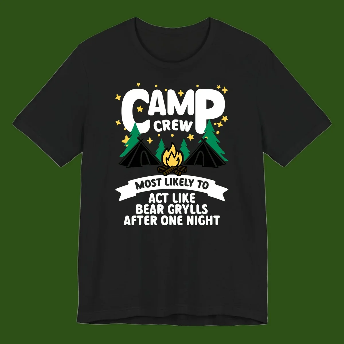 Bear Grylls camp crew design with campfire, tents, and stars—humorous camping shirt for group trips