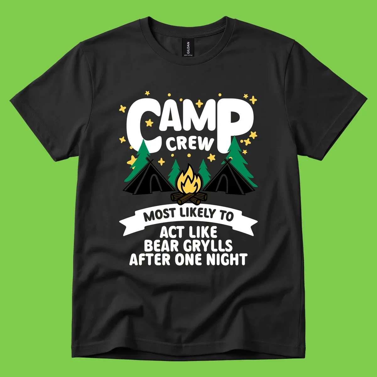 Bear Grylls camp crew design with campfire, tents, and stars—humorous camping shirt for group trips