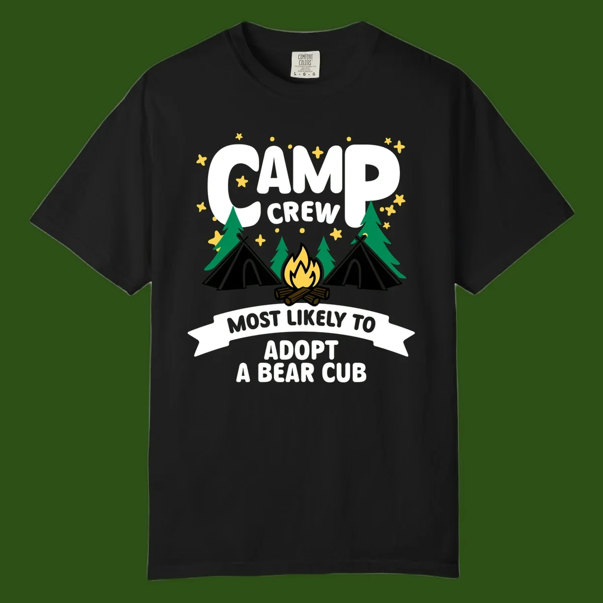 Camp crew bear cub adoption design with campfire, tents, trees, and stars on gray background