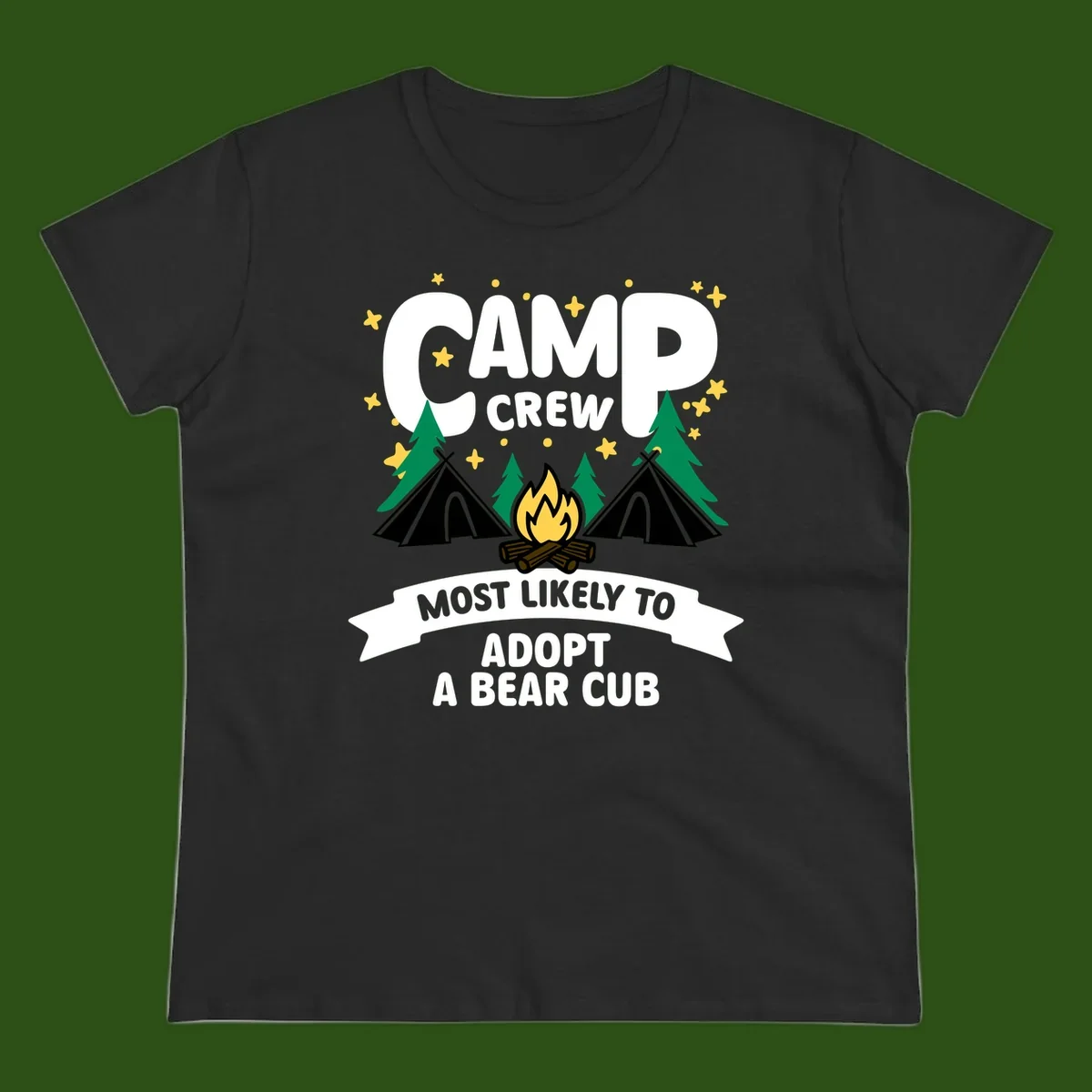 Camp crew bear cub adoption design with campfire, tents, trees, and stars on gray background