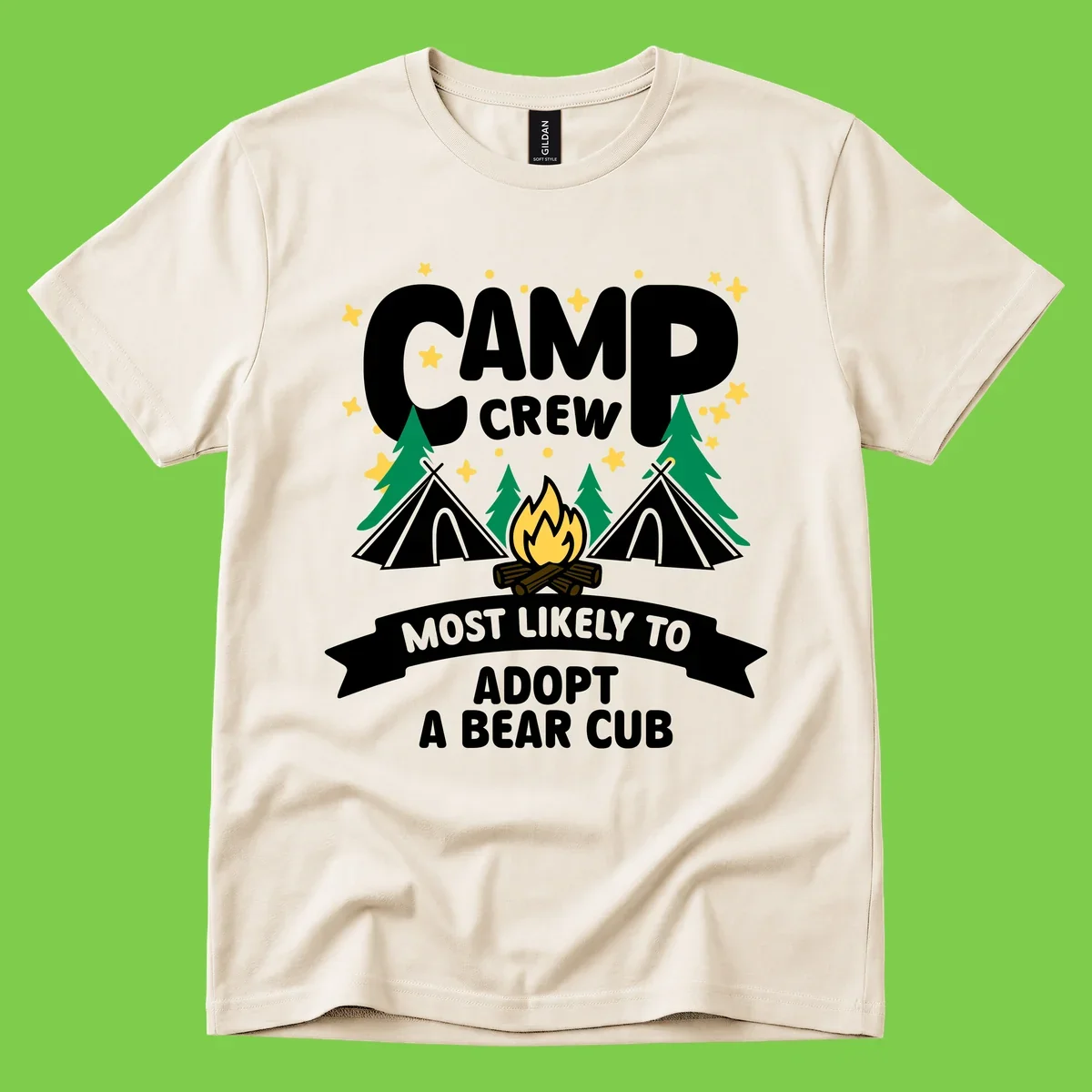 Camp crew bear cub adoption design with campfire, tents, trees, and stars on gray background