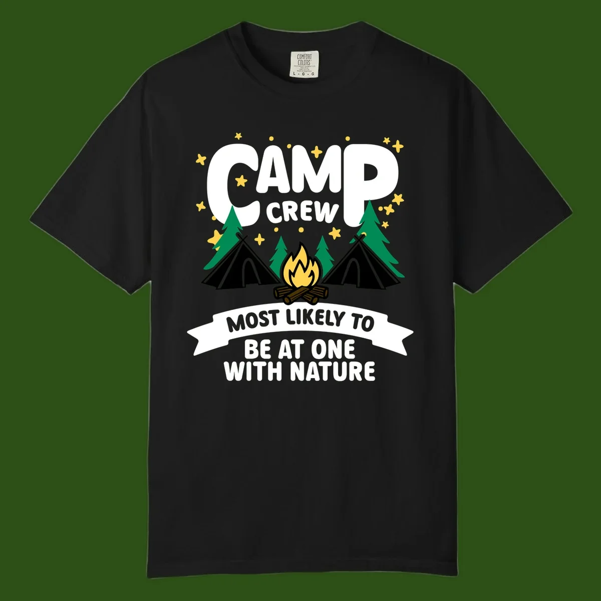 Camp crew superlative design with teepees, campfire, and forest scene with starry sky