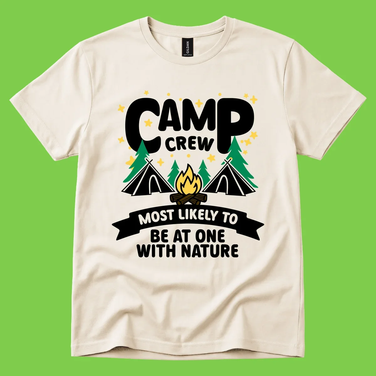 Camp crew superlative design with teepees, campfire, and forest scene with starry sky