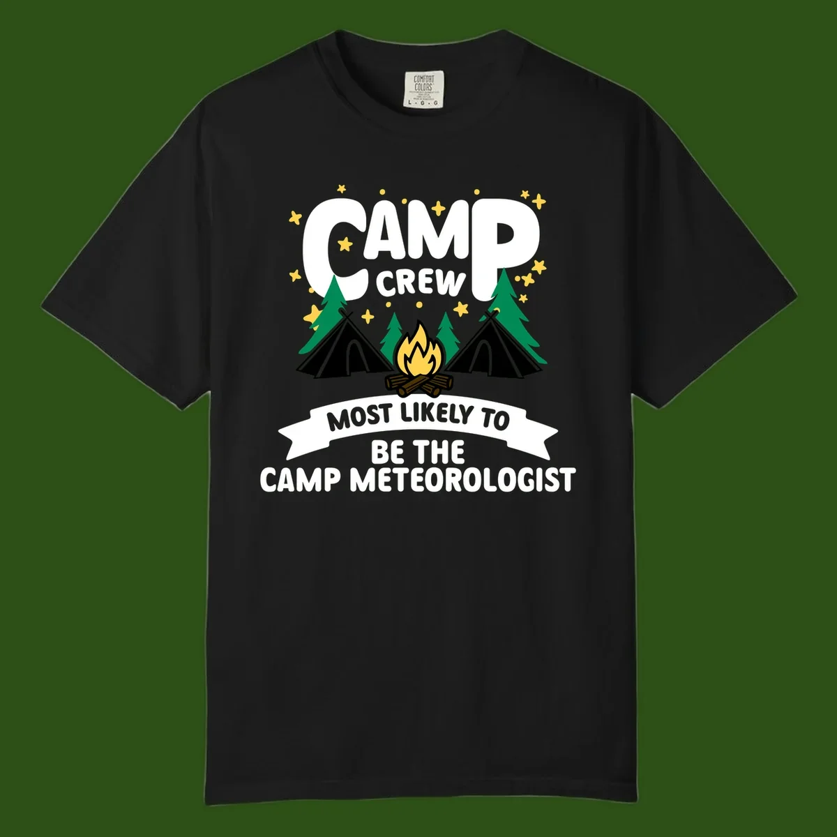 Camp crew superlatives design with campfire, tents, trees and stars, text reads 'Most Likely To Be The Camp Meteorologist'