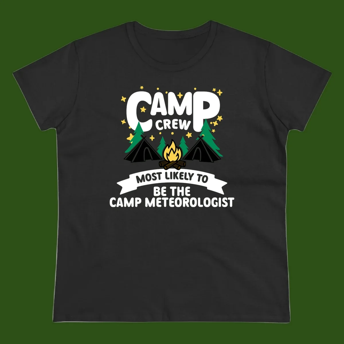 Camp crew superlatives design with campfire, tents, trees and stars, text reads 'Most Likely To Be The Camp Meteorologist'