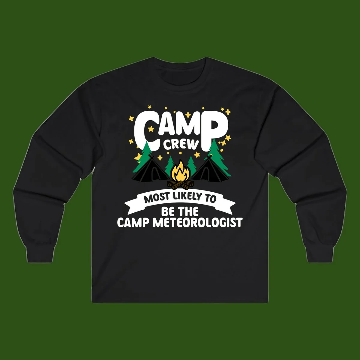 Camp crew superlatives design with campfire, tents, trees and stars, text reads 'Most Likely To Be The Camp Meteorologist'