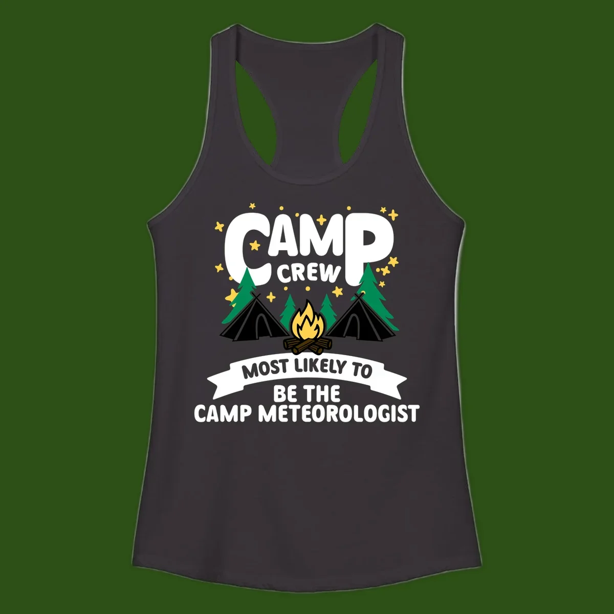 Camp crew superlatives design with campfire, tents, trees and stars, text reads 'Most Likely To Be The Camp Meteorologist'