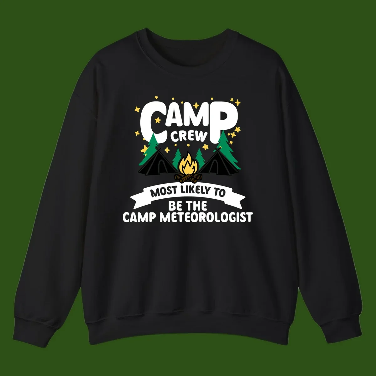 Camp crew superlatives design with campfire, tents, trees and stars, text reads 'Most Likely To Be The Camp Meteorologist'