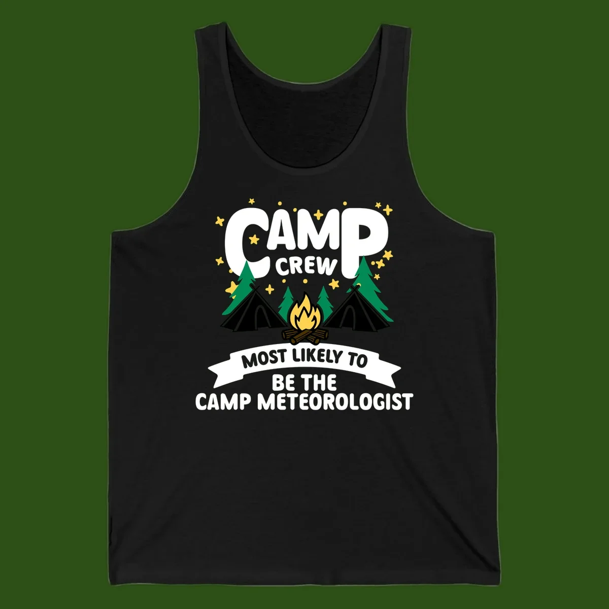Camp crew superlatives design with campfire, tents, trees and stars, text reads 'Most Likely To Be The Camp Meteorologist'