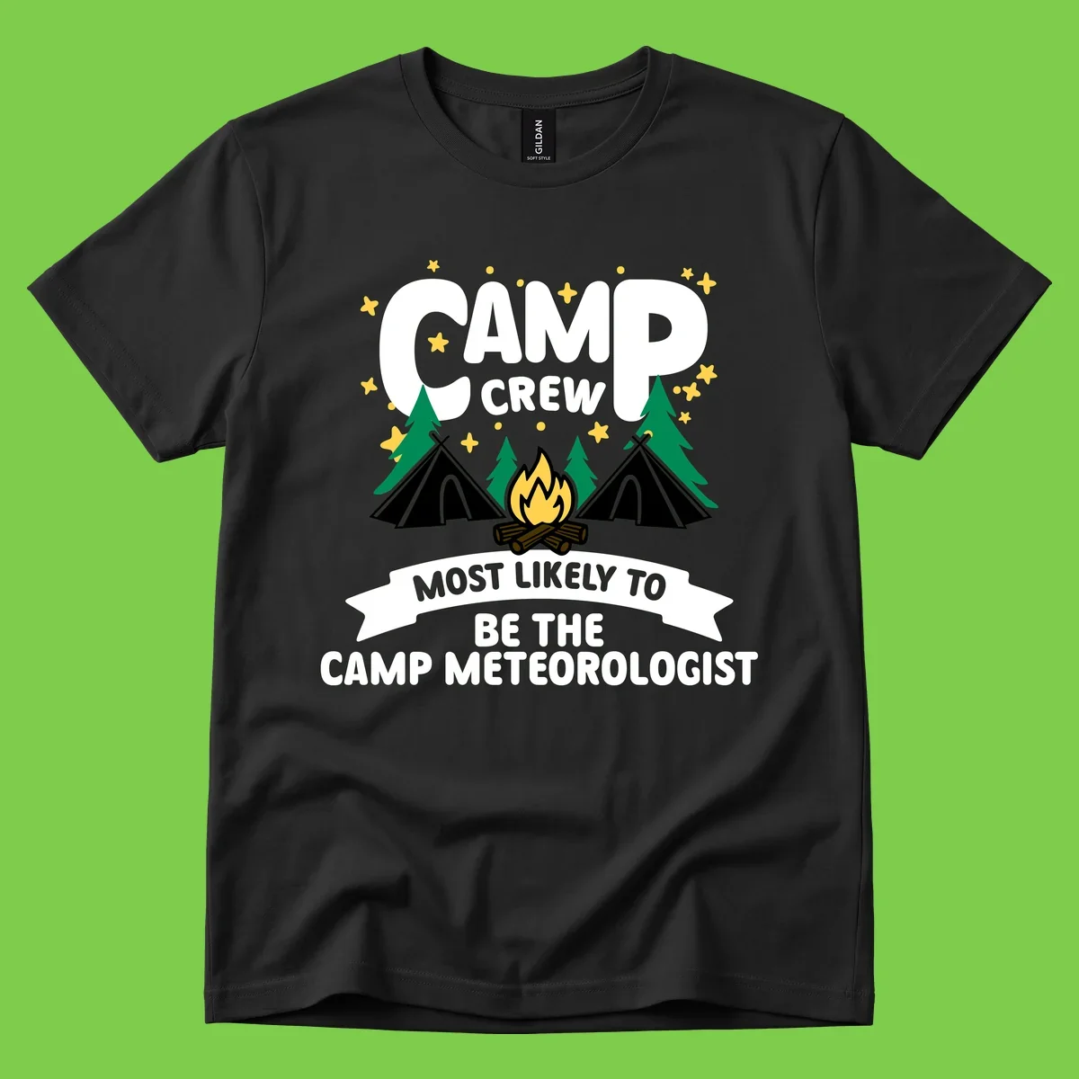 Camp crew superlatives design with campfire, tents, trees and stars, text reads 'Most Likely To Be The Camp Meteorologist'