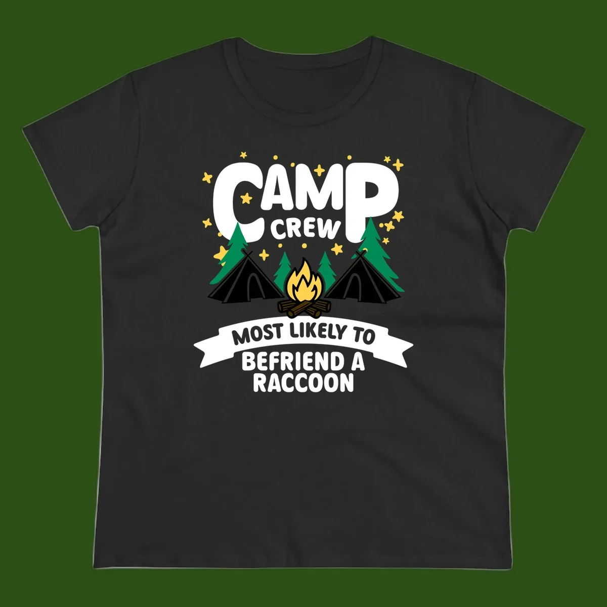 Camp crew raccoon design: campfire with teepees and trees, text reads 'Most Likely To Befriend A Raccoon'