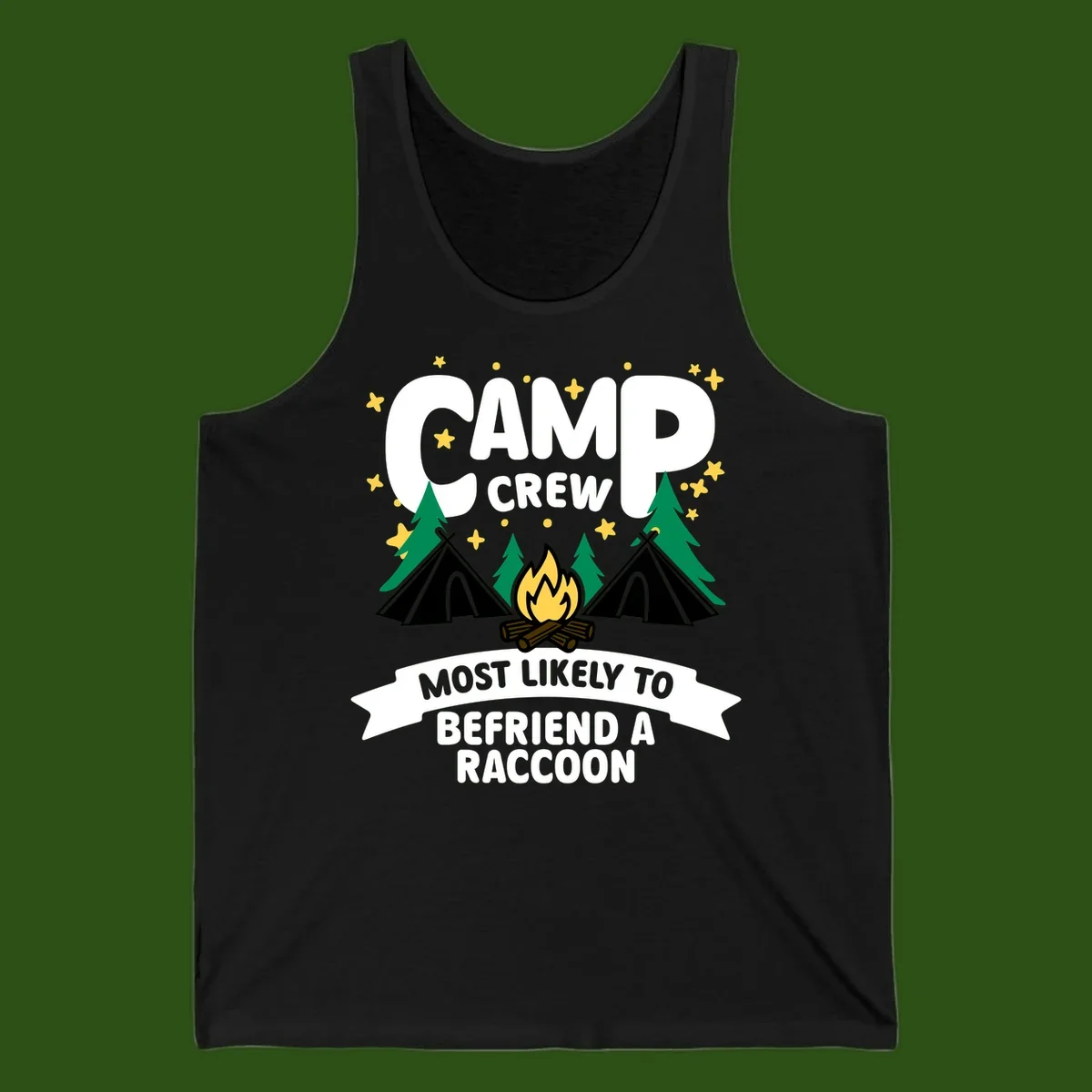 Camp crew raccoon design: campfire with teepees and trees, text reads 'Most Likely To Befriend A Raccoon'