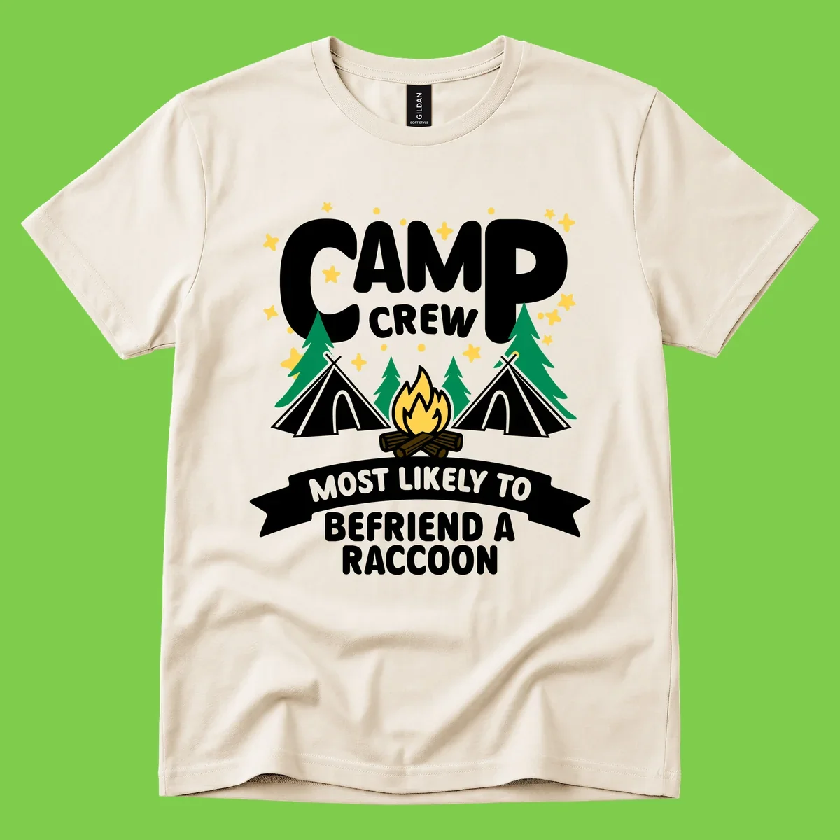 Camp crew raccoon design: campfire with teepees and trees, text reads 'Most Likely To Befriend A Raccoon'