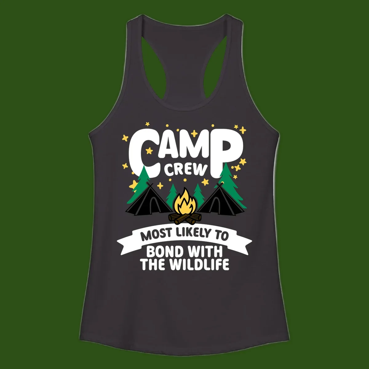 Camp crew wildlife bond design with campfire, teepees, trees, and stars on gray background