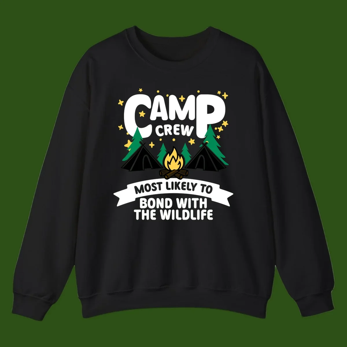 Camp crew wildlife bond design with campfire, teepees, trees, and stars on gray background