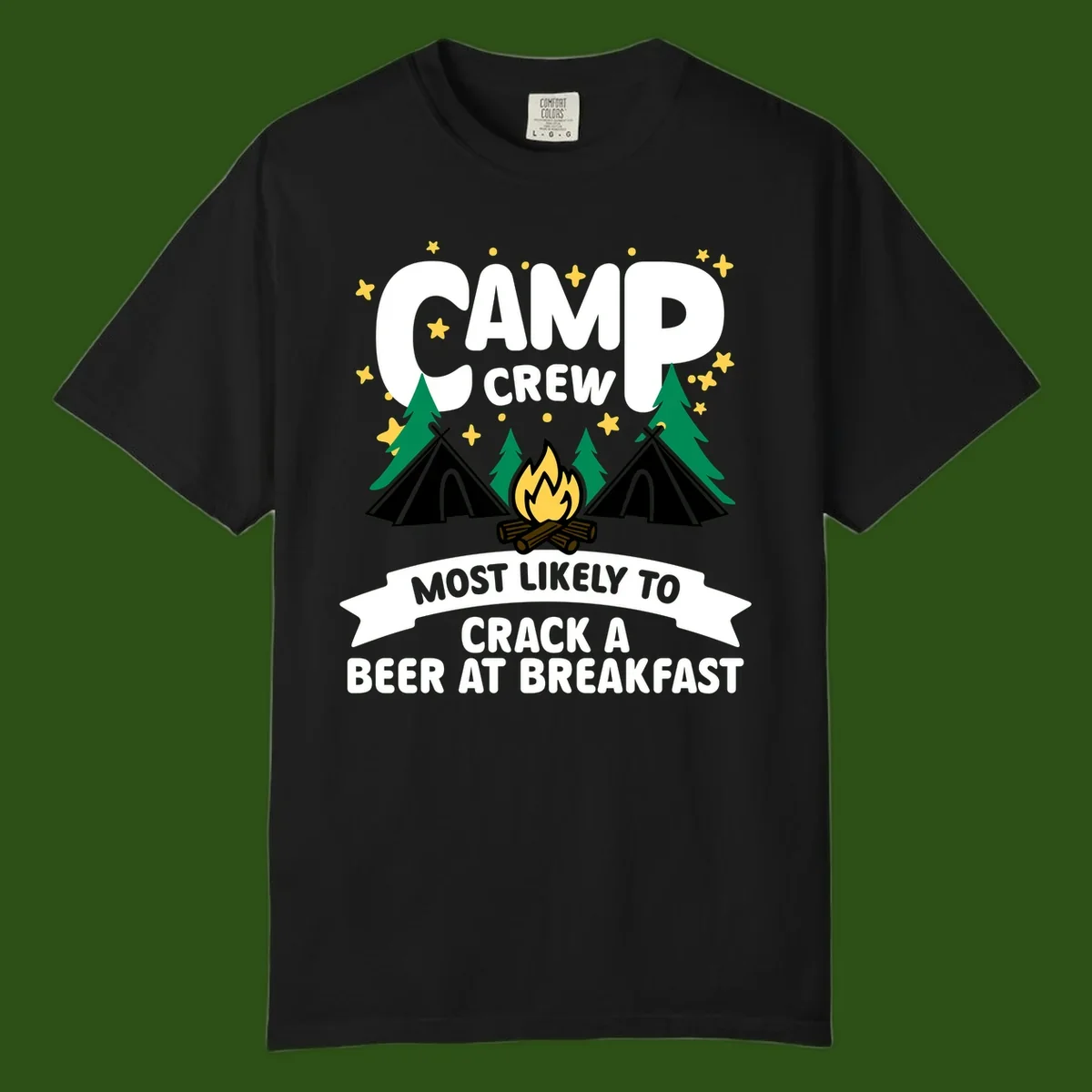 Camp crew beer at breakfast design with tents, campfire, pine trees and stars on gray background
