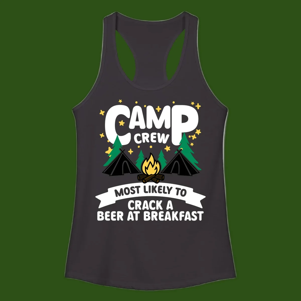 Camp crew beer at breakfast design with tents, campfire, pine trees and stars on gray background
