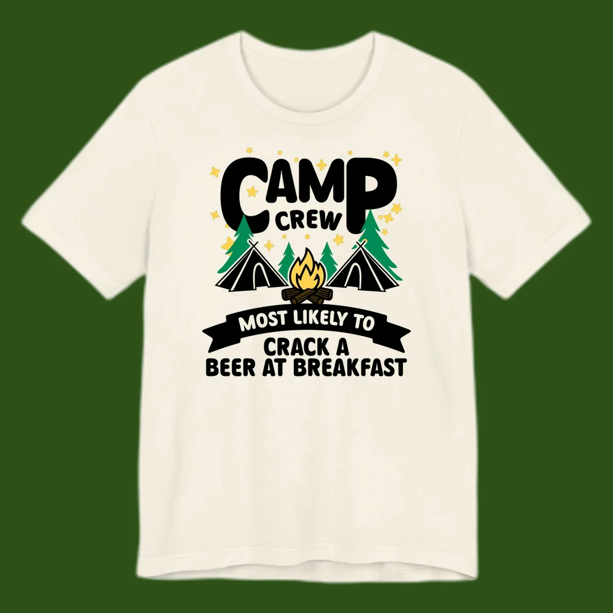 Camp crew beer at breakfast design with tents, campfire, pine trees and stars on gray background
